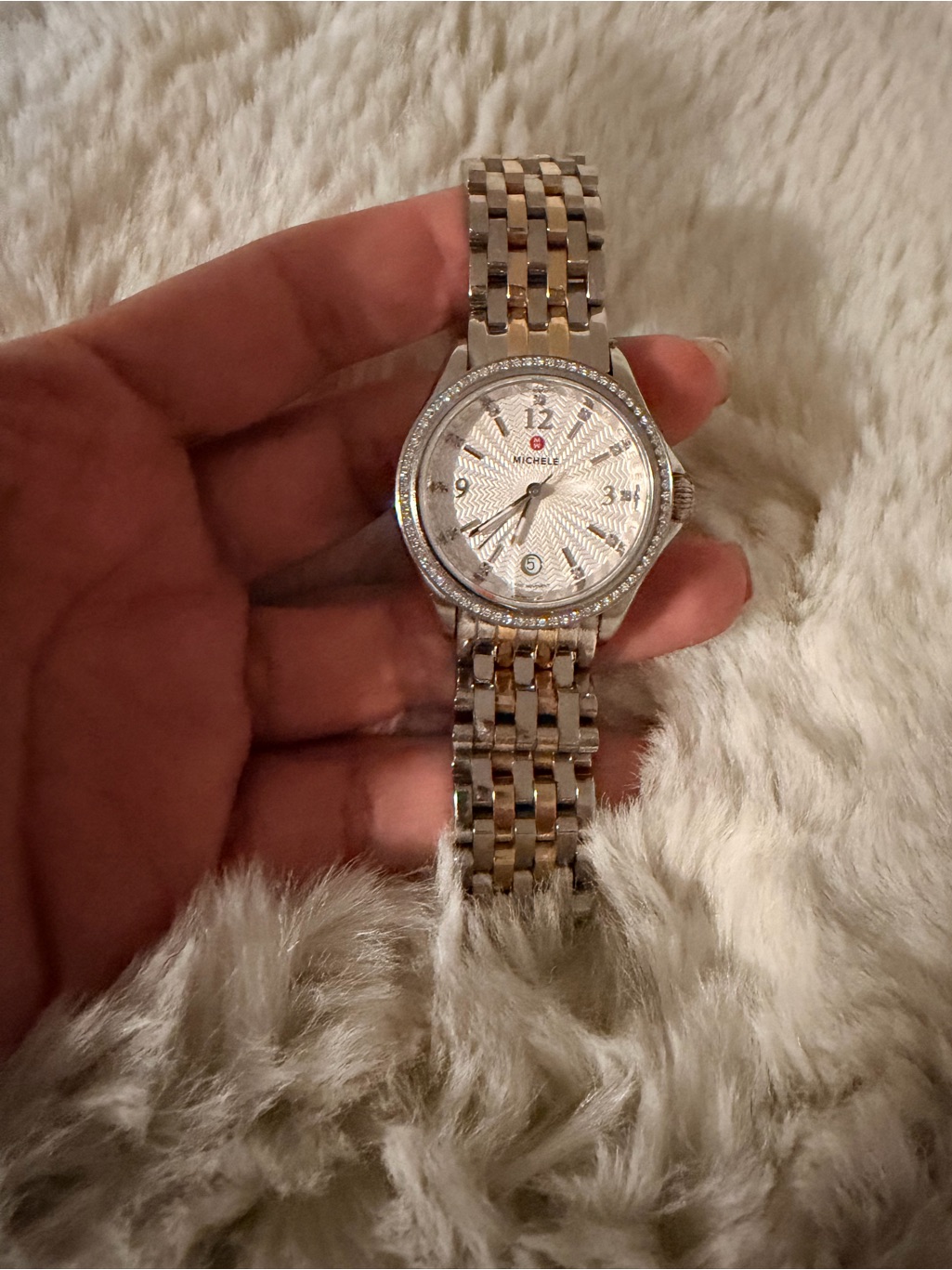 Michele TwoTone Silver And Gold Diamond Bezel Watch
